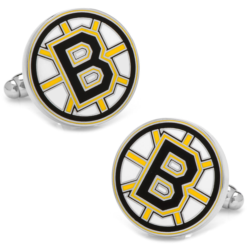 A pair of Boston Bruins logo cufflinks in black, yellow, and white enamel on a silver-tone metal base.