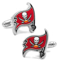 A pair of Tampa Bay Buccaneers NFL logo cufflinks in silver tone metal with red and white enamel detailing.