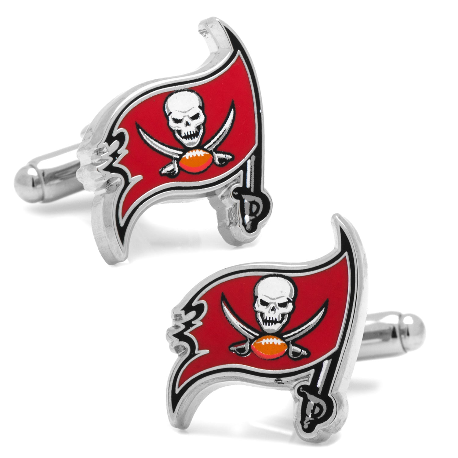 A pair of Tampa Bay Buccaneers NFL logo cufflinks in silver tone metal with red and white enamel detailing.