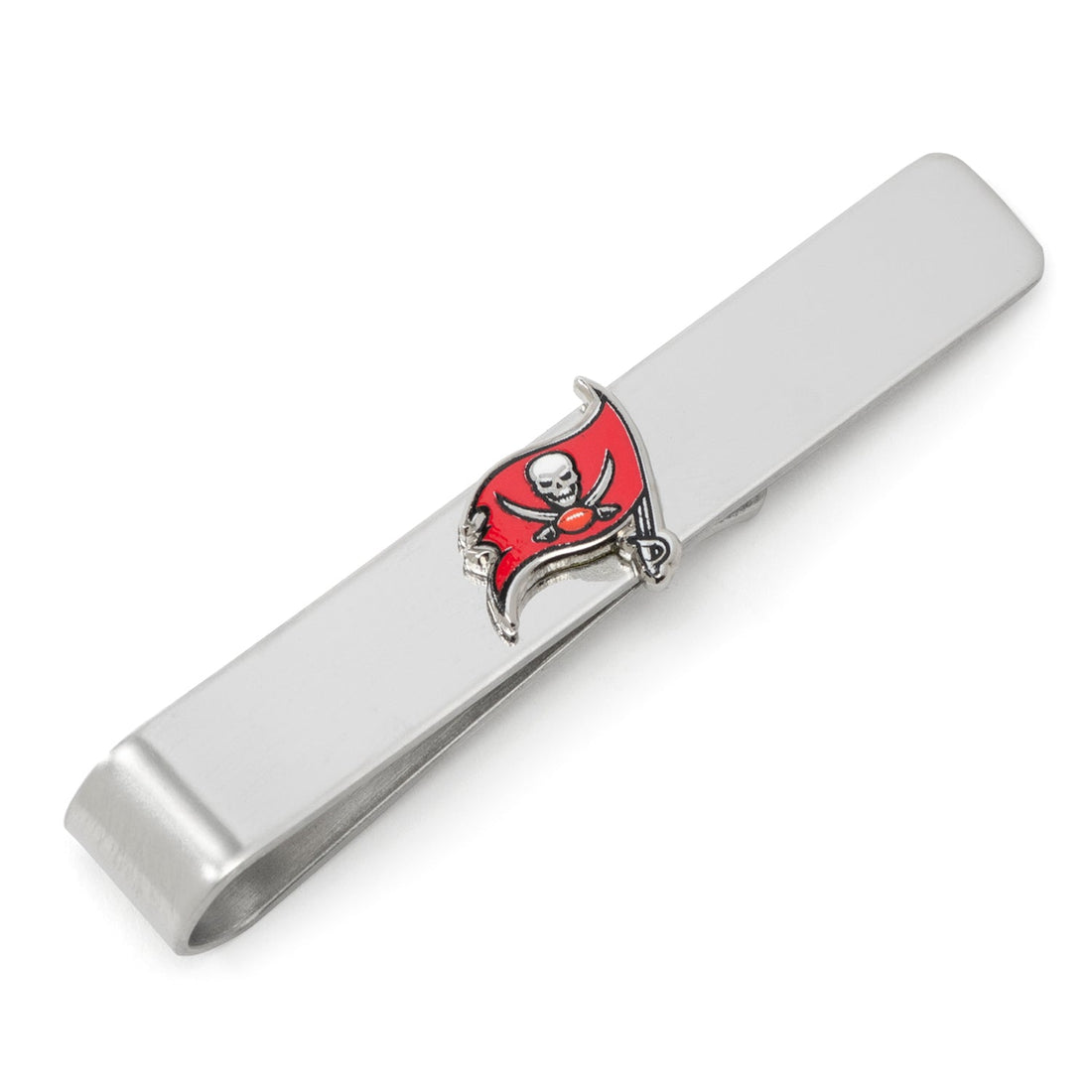 Close-up of a silver-toned Tampa Bay Buccaneers tie bar featuring the team logo on a grey patterned necktie.