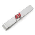 Close-up of a silver-toned Tampa Bay Buccaneers tie bar featuring the team logo on a grey patterned necktie.