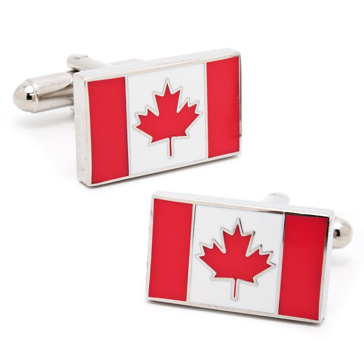 A pair of rectangular enamel cufflinks featuring the Canadian national flag with a red maple leaf on a white and red background.