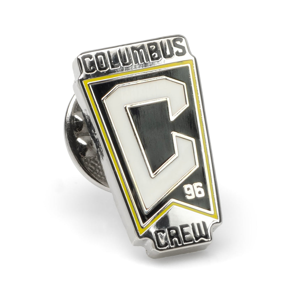 Columbus Crew logo lapel pin made of silver-plated metal with white, black, and yellow enamel details.