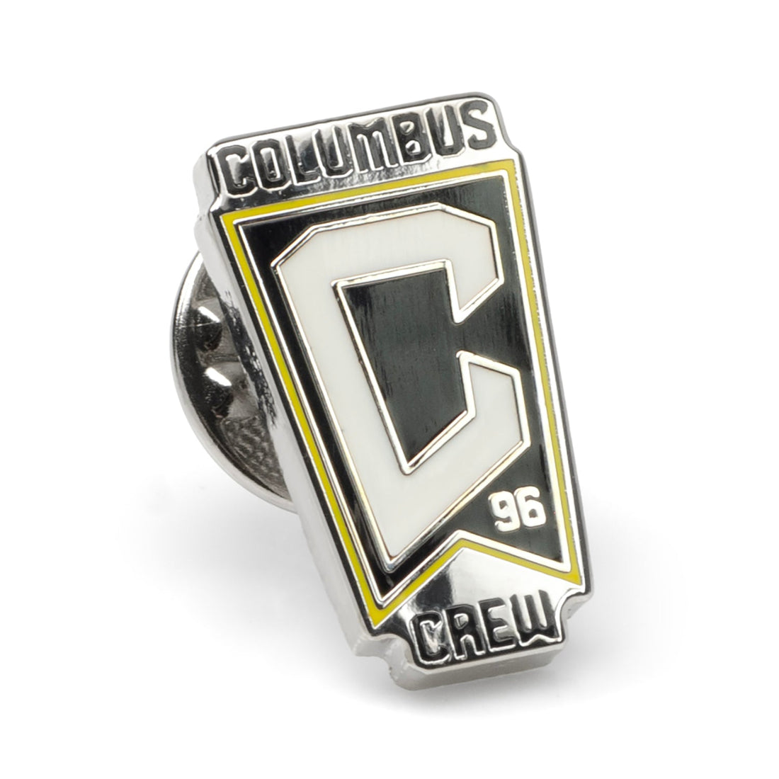 Columbus Crew logo lapel pin made of silver-plated metal with white, black, and yellow enamel details.