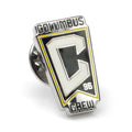Columbus Crew logo lapel pin made of silver-plated metal with white, black, and yellow enamel details.