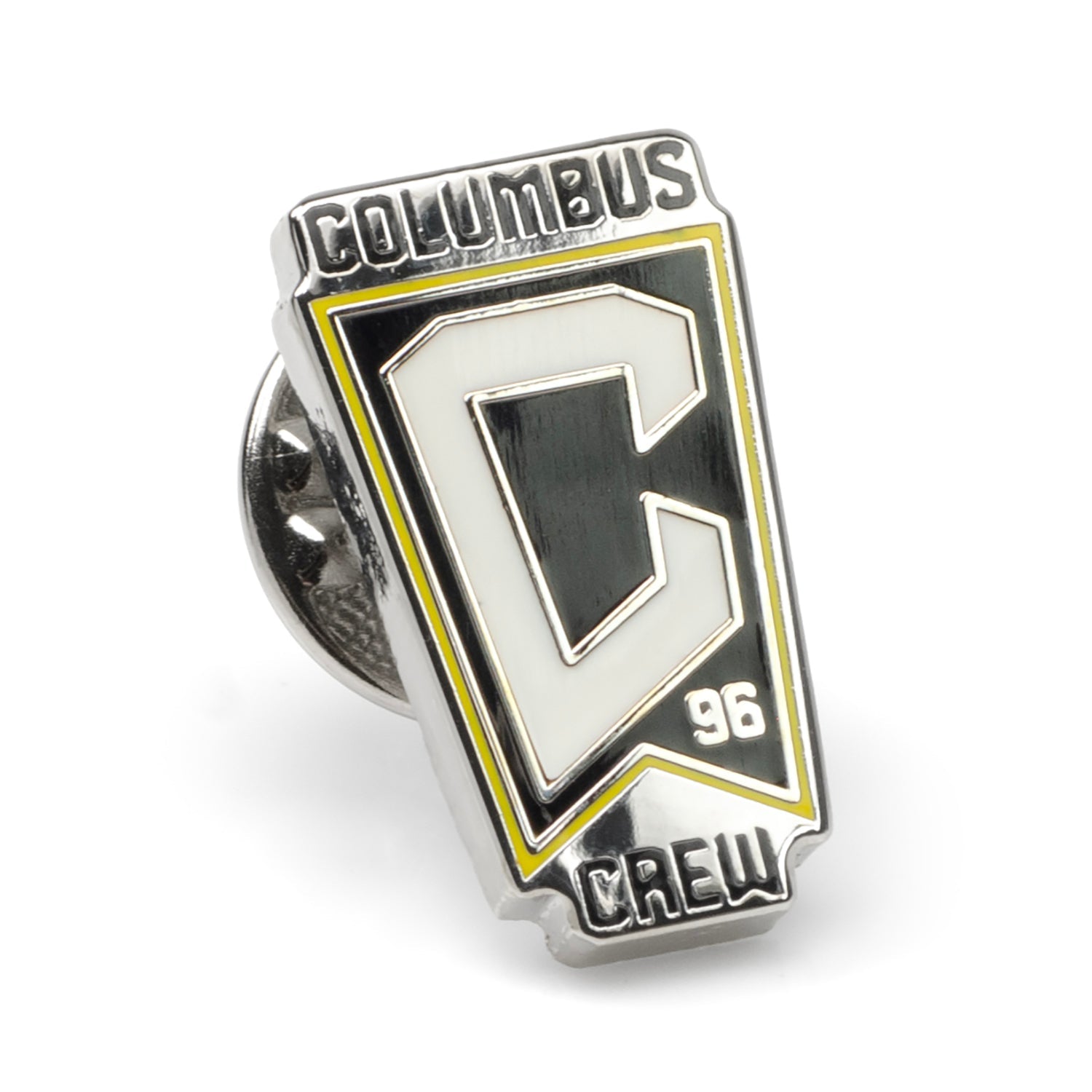 Columbus Crew logo lapel pin made of silver-plated metal with white, black, and yellow enamel details.