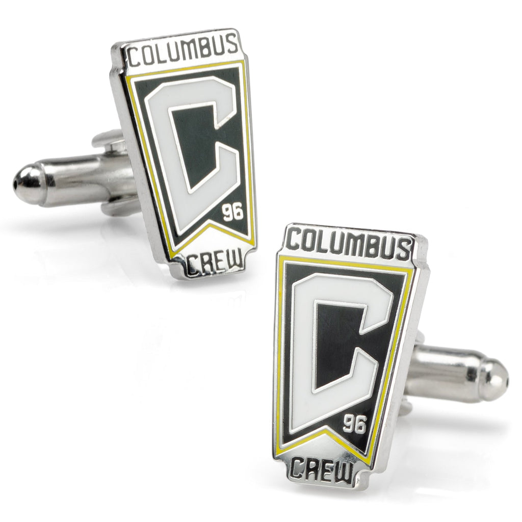 Columbus Crew logo cufflinks made of silver-plated metal and enamel, worn on a white dress shirt cuff.