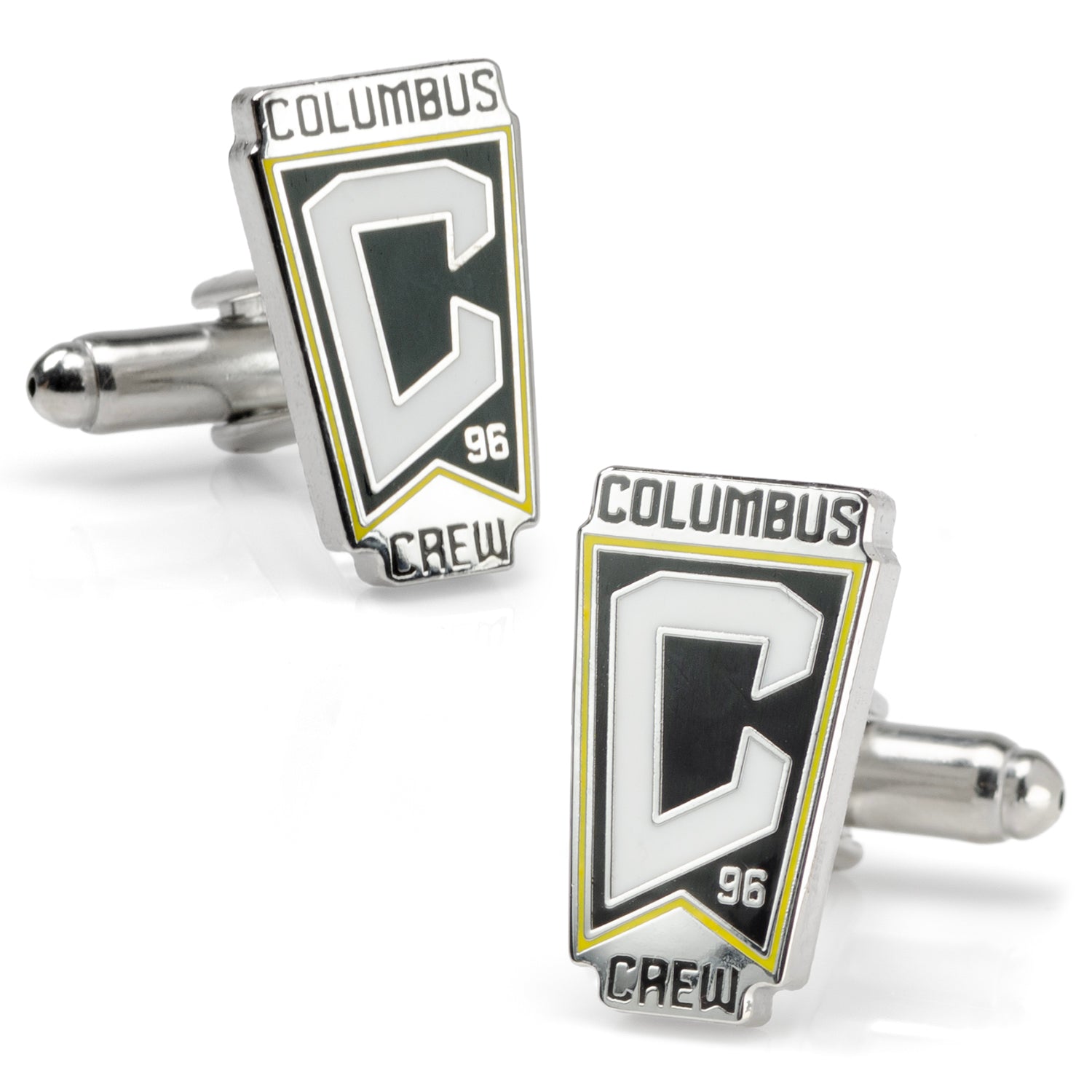 Columbus Crew logo cufflinks made of silver-plated metal and enamel, worn on a white dress shirt cuff.