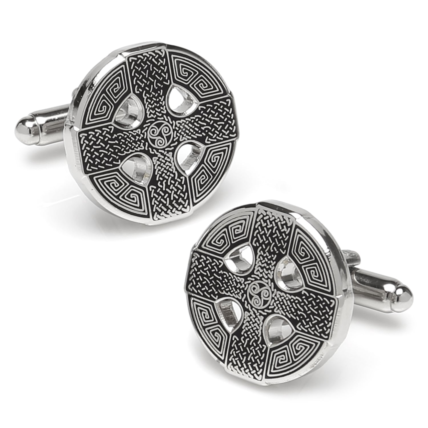 A pair of round silver Celtic cross cufflinks with intricate black etched knotwork details against a white background.