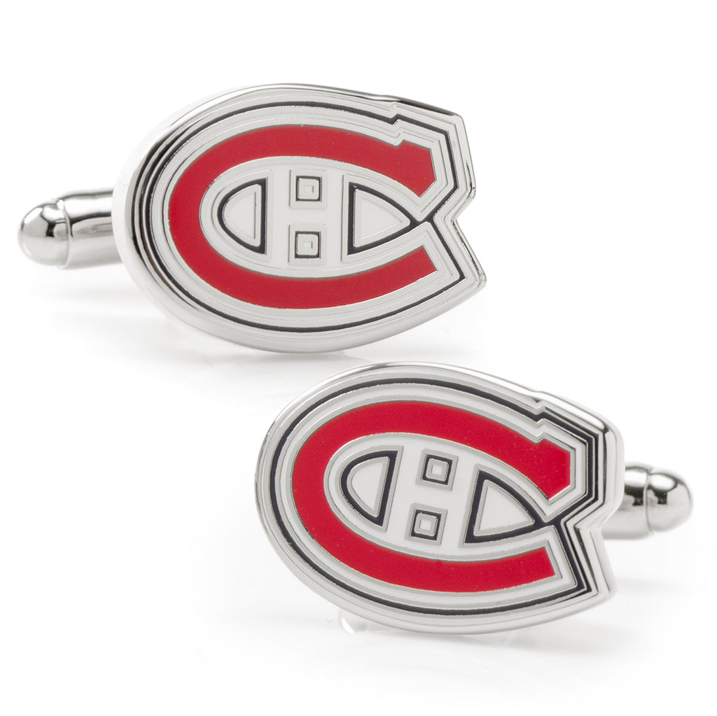 Montreal Canadiens NHL logo cufflinks featuring red, white, and navy enamel on silver metal