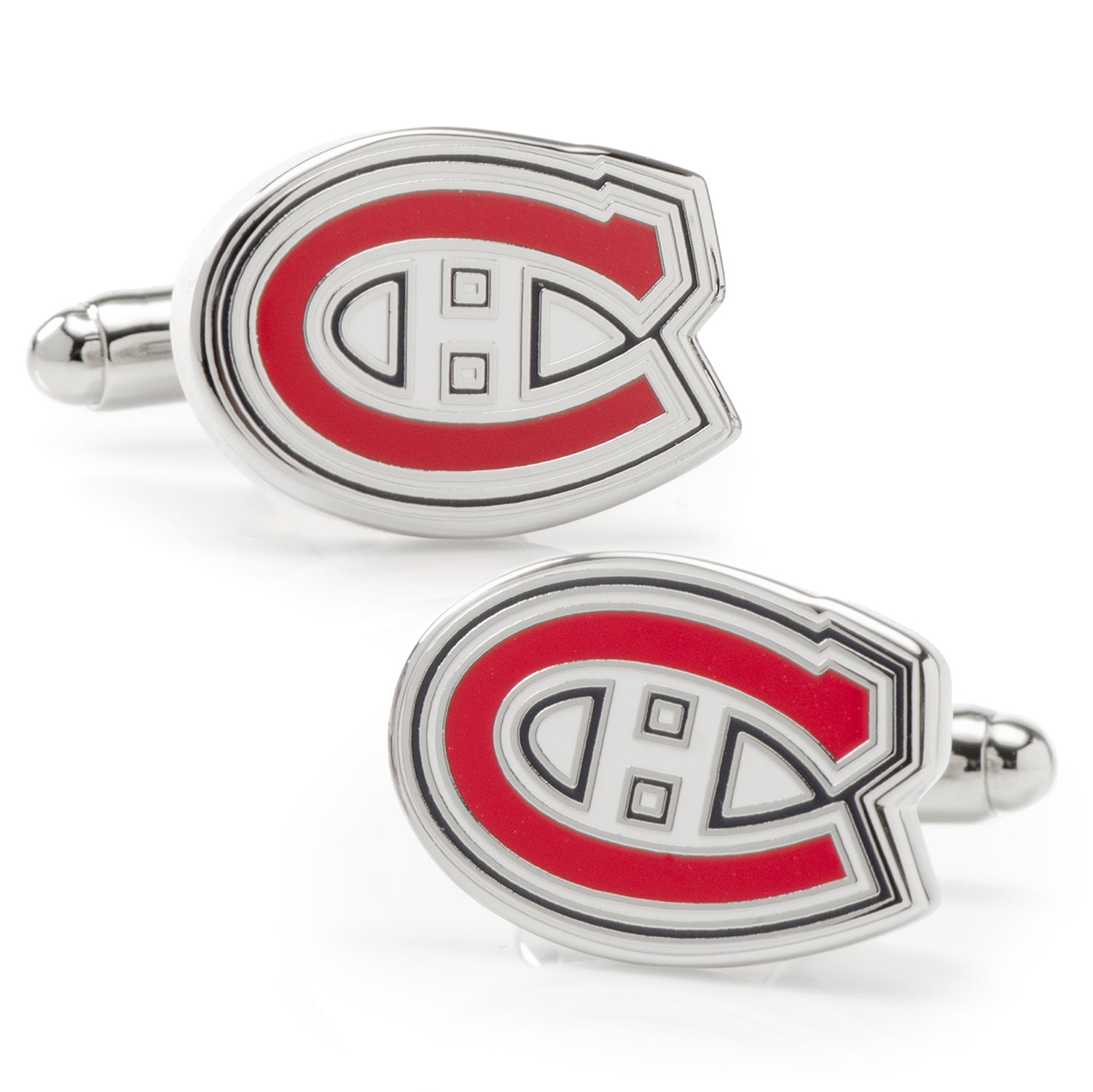 Montreal Canadiens NHL logo cufflinks featuring red, white, and navy enamel on silver metal