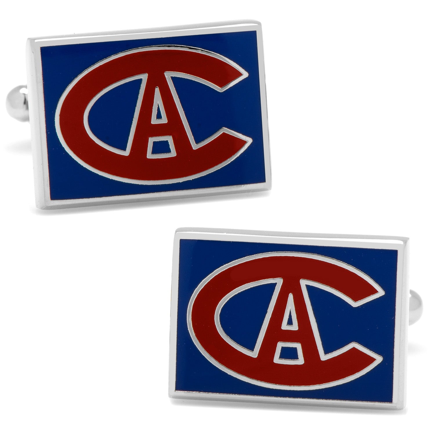 Montreal Canadiens rectangular cufflinks with throwback logo in blue, red, and silver enamel finish.