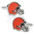 A pair of Cleveland Browns NFL team logo helmet cufflinks in silver tone with orange and brown enamel.
