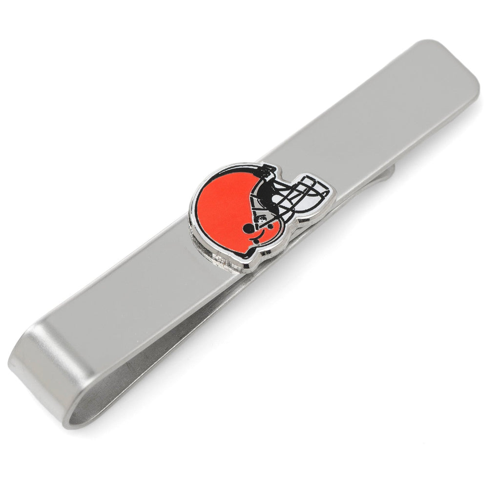 Close-up of a silver-plated Cleveland Browns NFL team logo tie bar on a white background