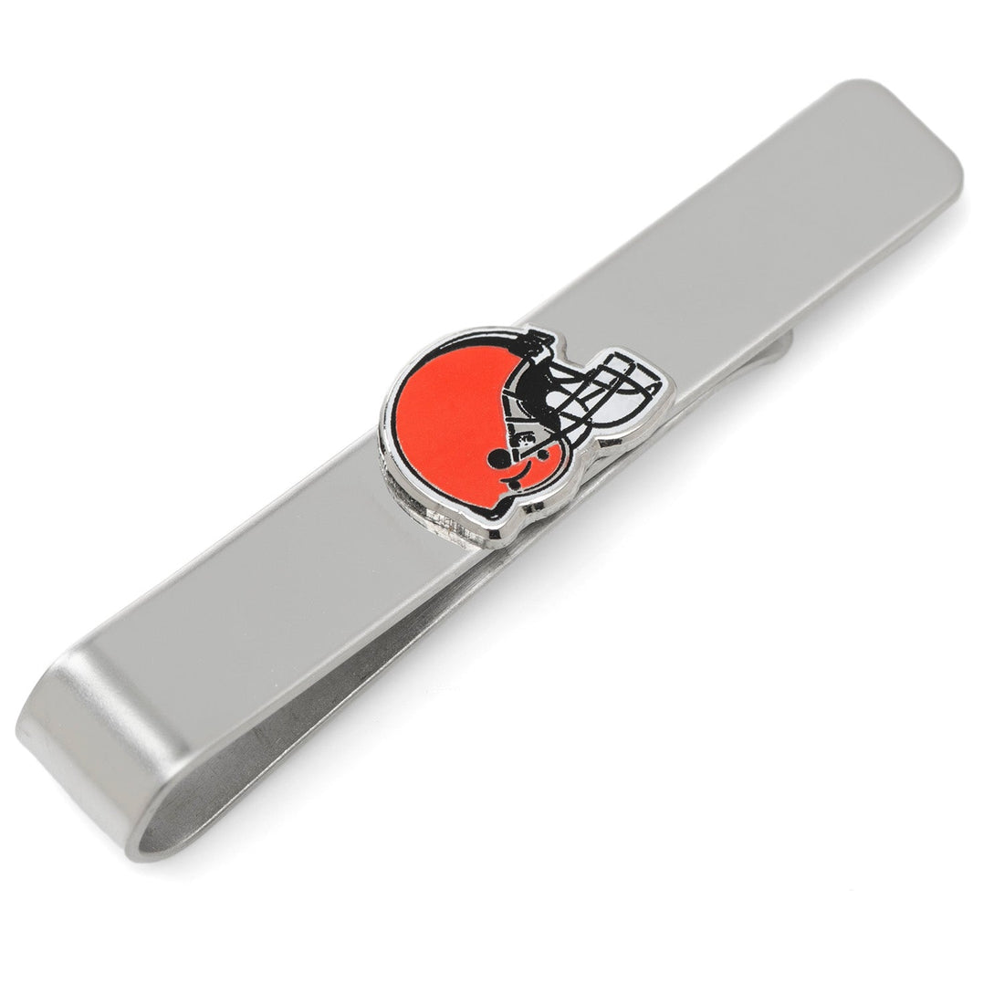 Close-up of a silver-plated Cleveland Browns NFL team logo tie bar on a white background
