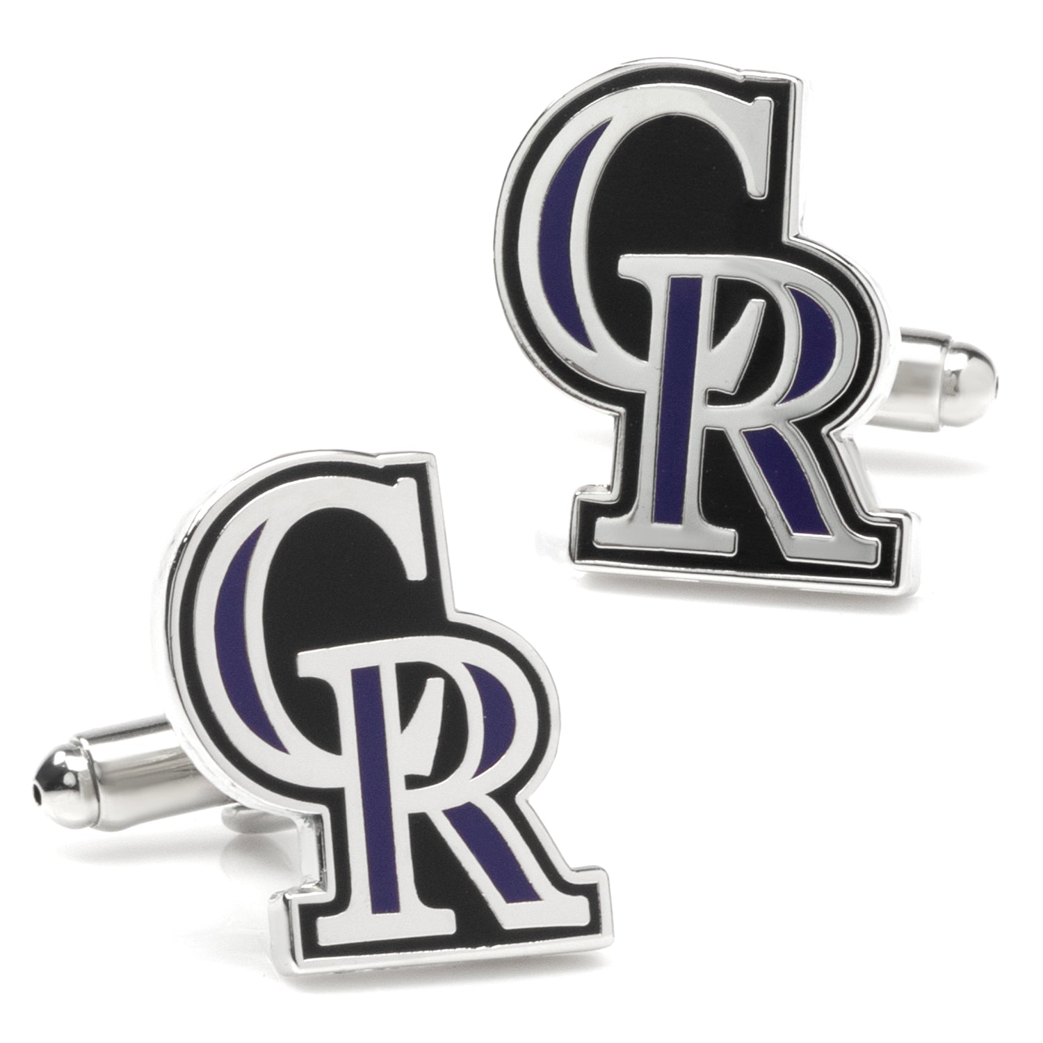 A pair of Colorado Rockies baseball team logo cufflinks in silver tone metal with purple and black enamel detail.