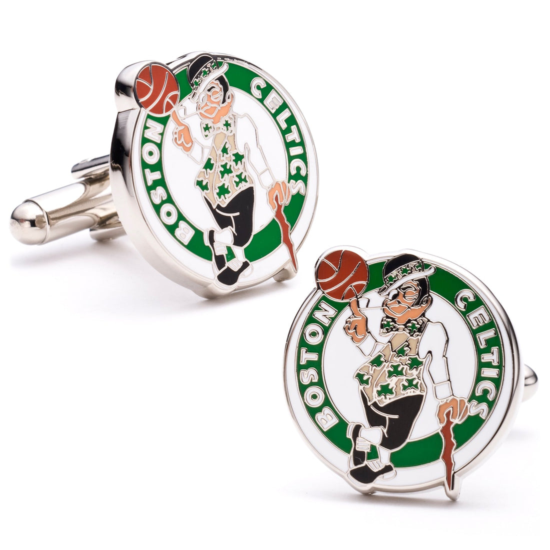 A pair of round silver-tone Boston Celtics NBA logo enamel cufflinks on a white background.