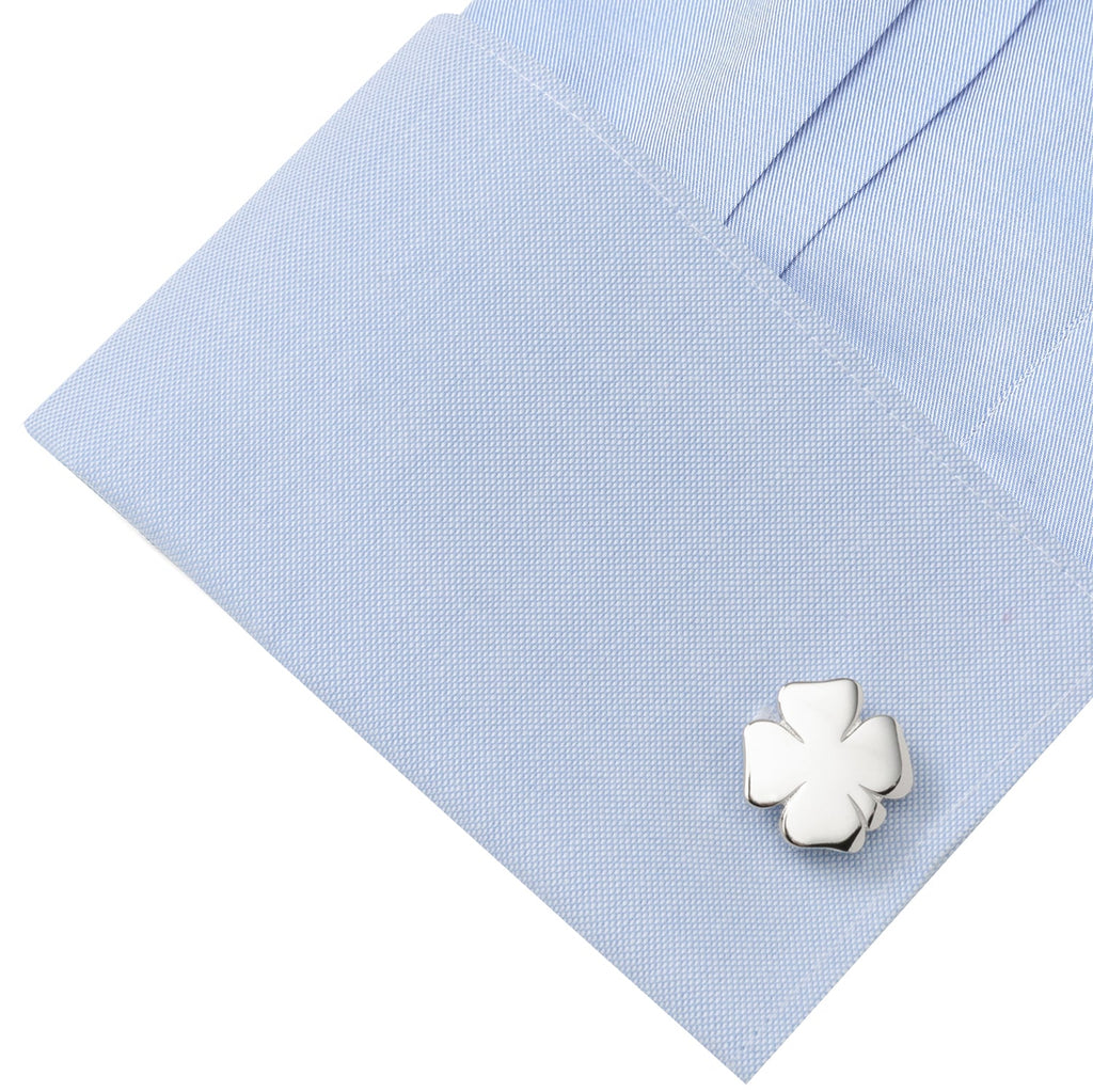 Four Leaf Clover Cufflinks in Polished Silver Finish - Image 3