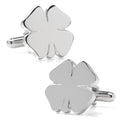 A pair of shiny silver four-leaf clover shaped cufflinks with bullet style backings.