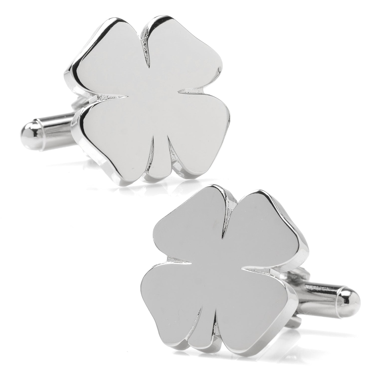 A pair of shiny silver four-leaf clover shaped cufflinks with bullet style backings.