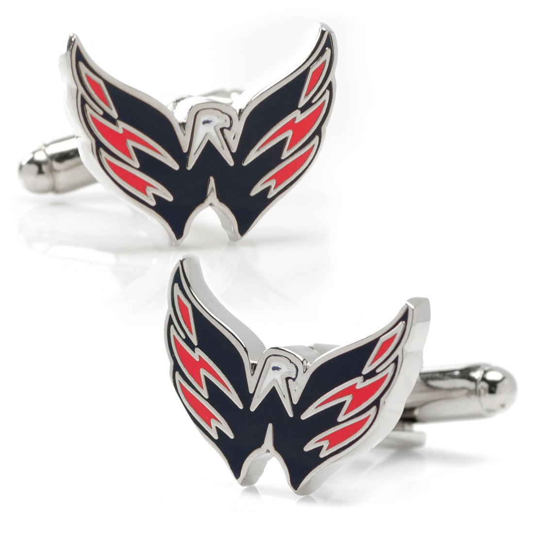 Washington Capitals NHL team logo cufflinks in silver tone metal with red and dark blue enamel details.