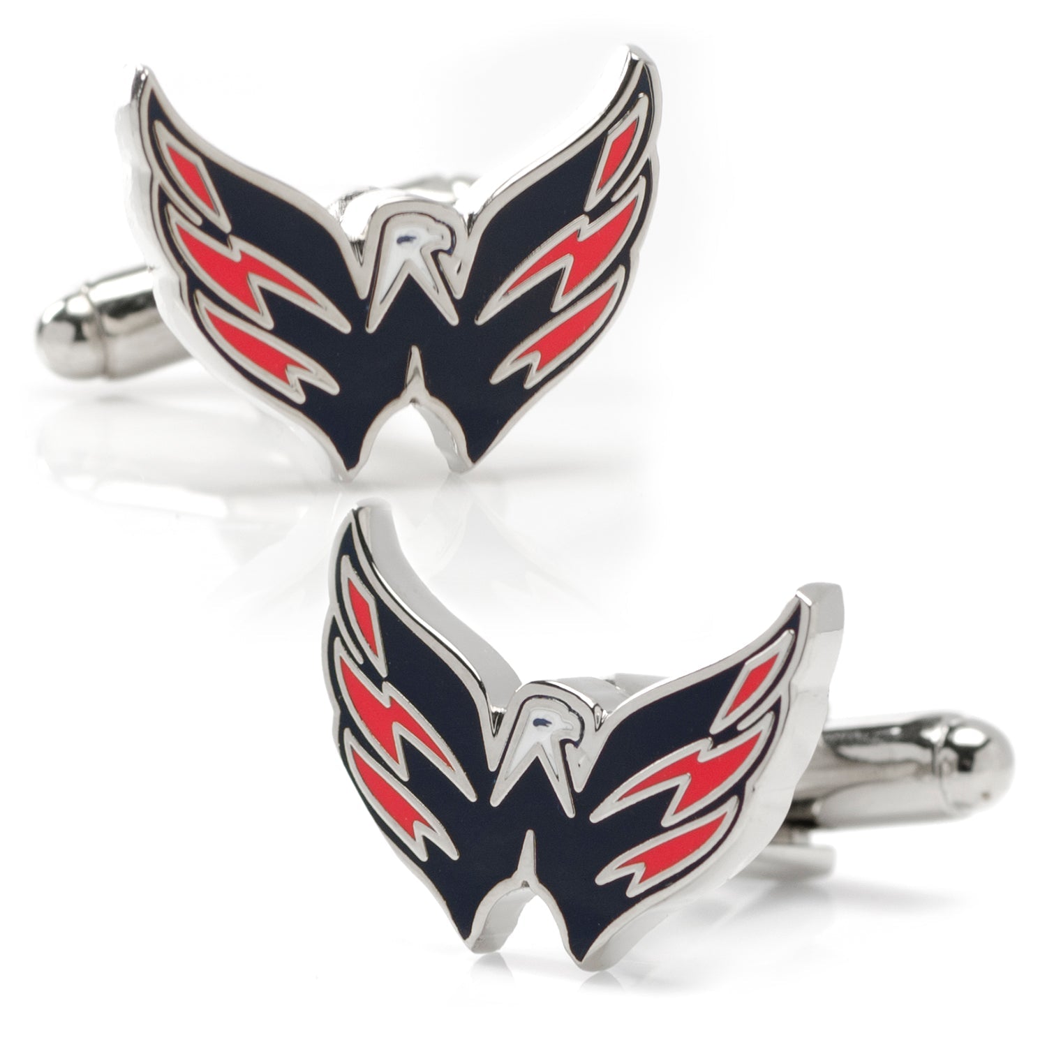 Washington Capitals NHL team logo cufflinks in silver tone metal with red and dark blue enamel details.