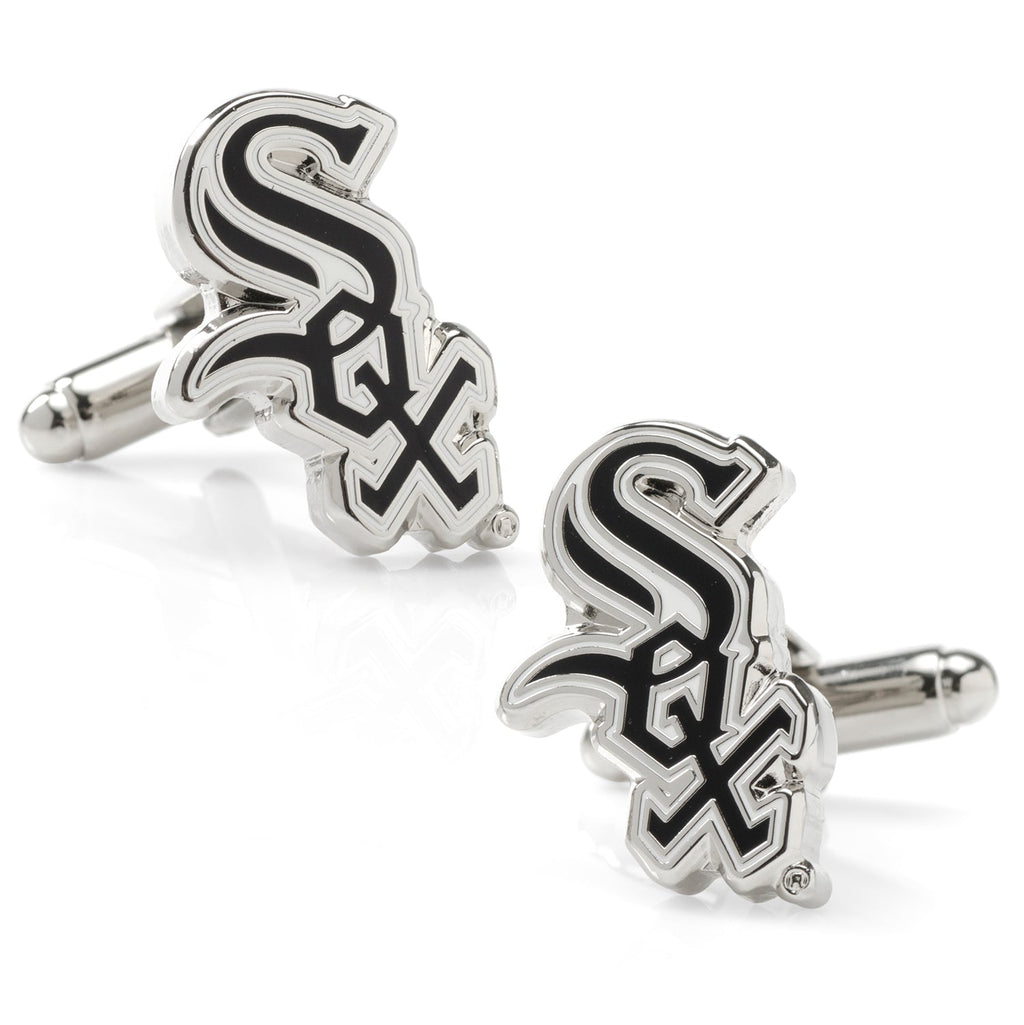 A pair of Chicago White Sox MLB logo cufflinks in silver tone metal with black enamel detailing.