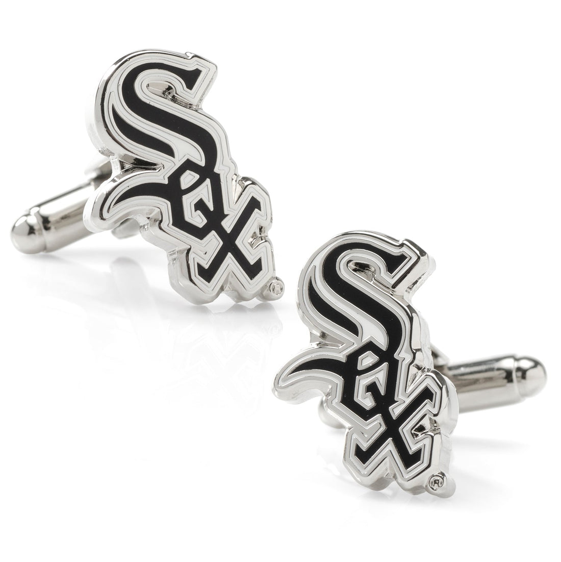 A pair of Chicago White Sox MLB logo cufflinks in silver tone metal with black enamel detailing.