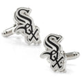 A pair of Chicago White Sox MLB logo cufflinks in silver tone metal with black enamel detailing.