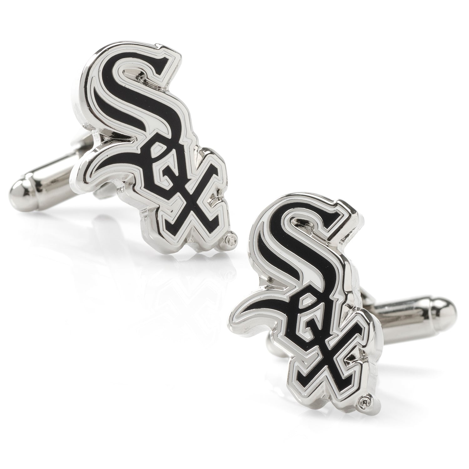 A pair of Chicago White Sox MLB logo cufflinks in silver tone metal with black enamel detailing.