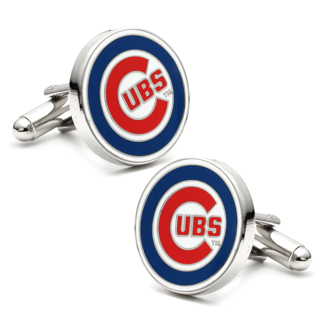 A pair of round silver-tone Chicago Cubs MLB logo cufflinks with blue and red enamel details