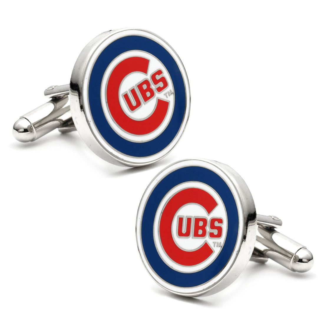 A pair of round silver-tone Chicago Cubs MLB logo cufflinks with blue and red enamel details