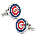 A pair of round silver-tone Chicago Cubs MLB logo cufflinks with blue and red enamel details