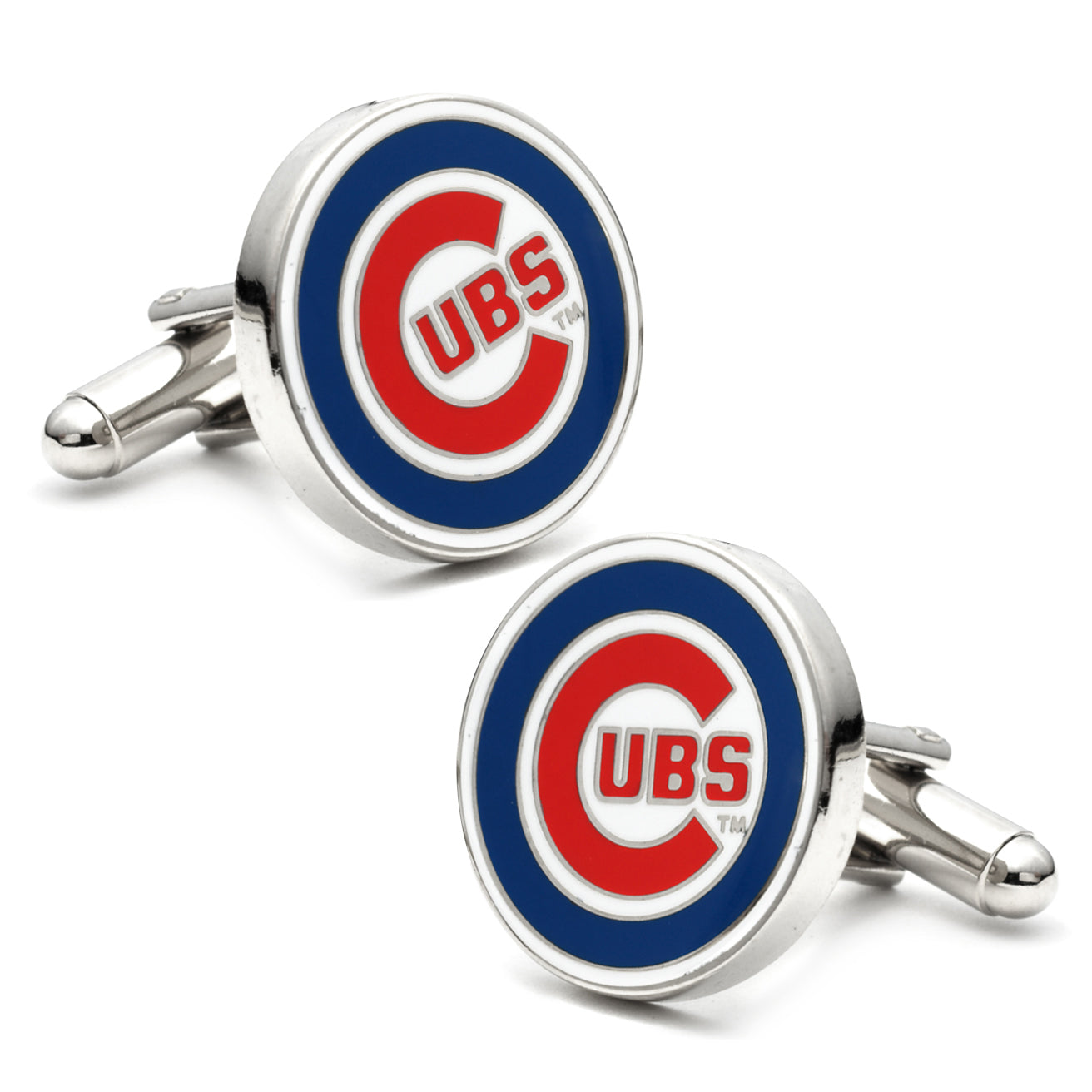 A pair of round silver-tone Chicago Cubs MLB logo cufflinks with blue and red enamel details