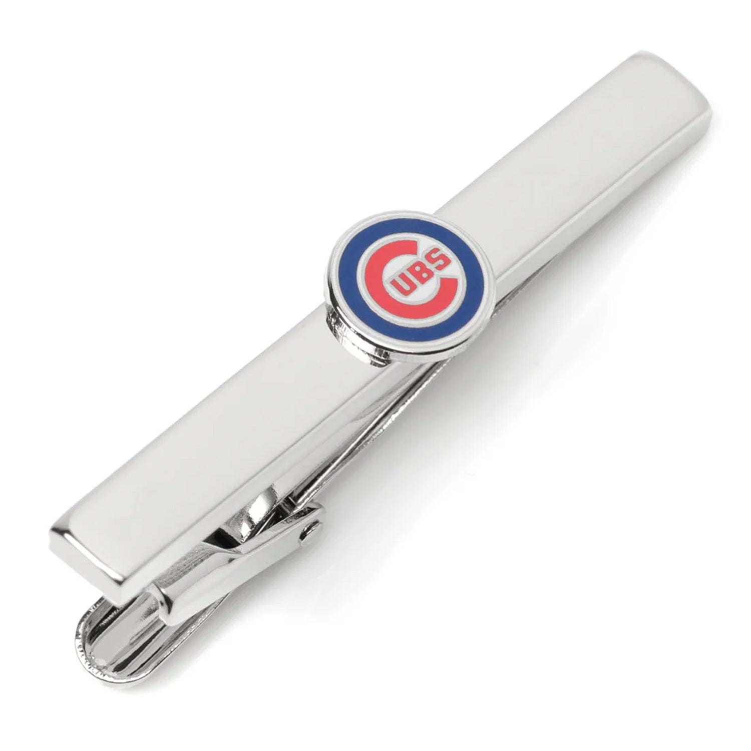 Chicago Cubs MLB logo tie clip with red, white, and blue enamel on a polished silver-tone bar