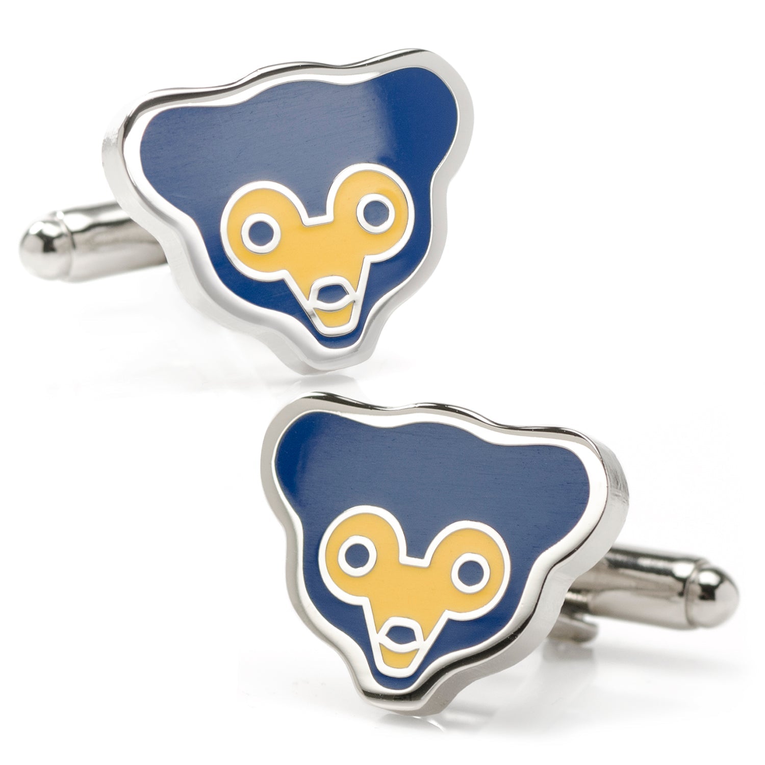 Chicago Cubs vintage logo cufflinks in silver tone with blue and yellow enamel details.