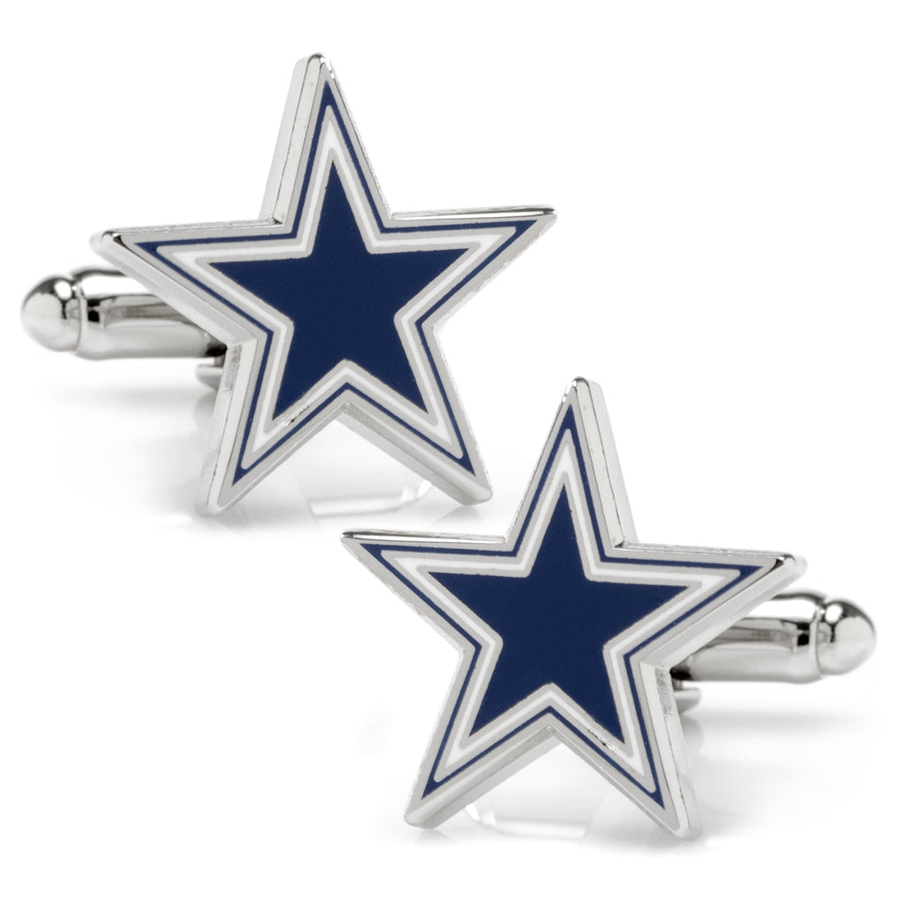 Dallas Cowboys star-shaped enamel cufflinks in a silver tone metal finish.