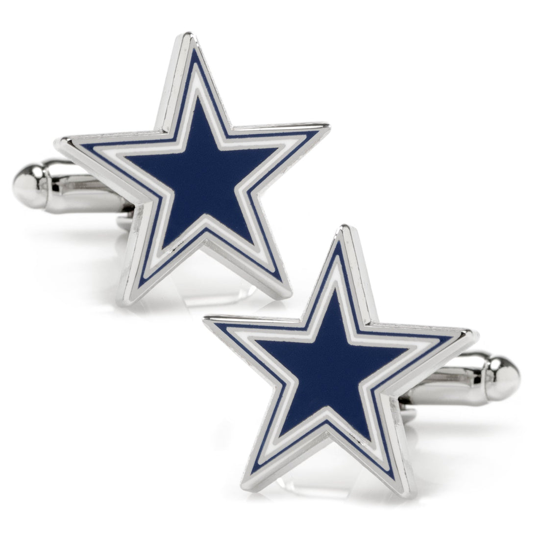 Dallas Cowboys star-shaped enamel cufflinks in a silver tone metal finish.