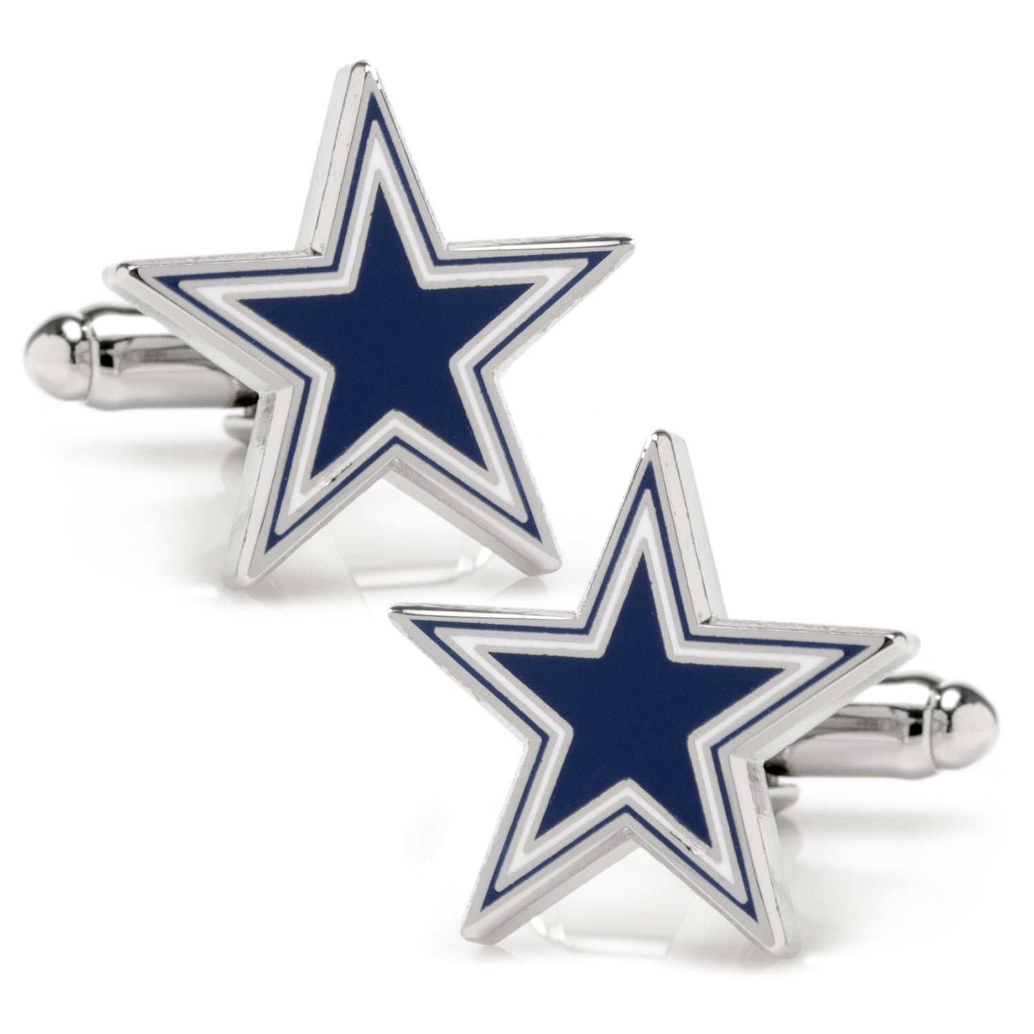 Dallas Cowboys star-shaped enamel cufflinks in a silver tone metal finish.