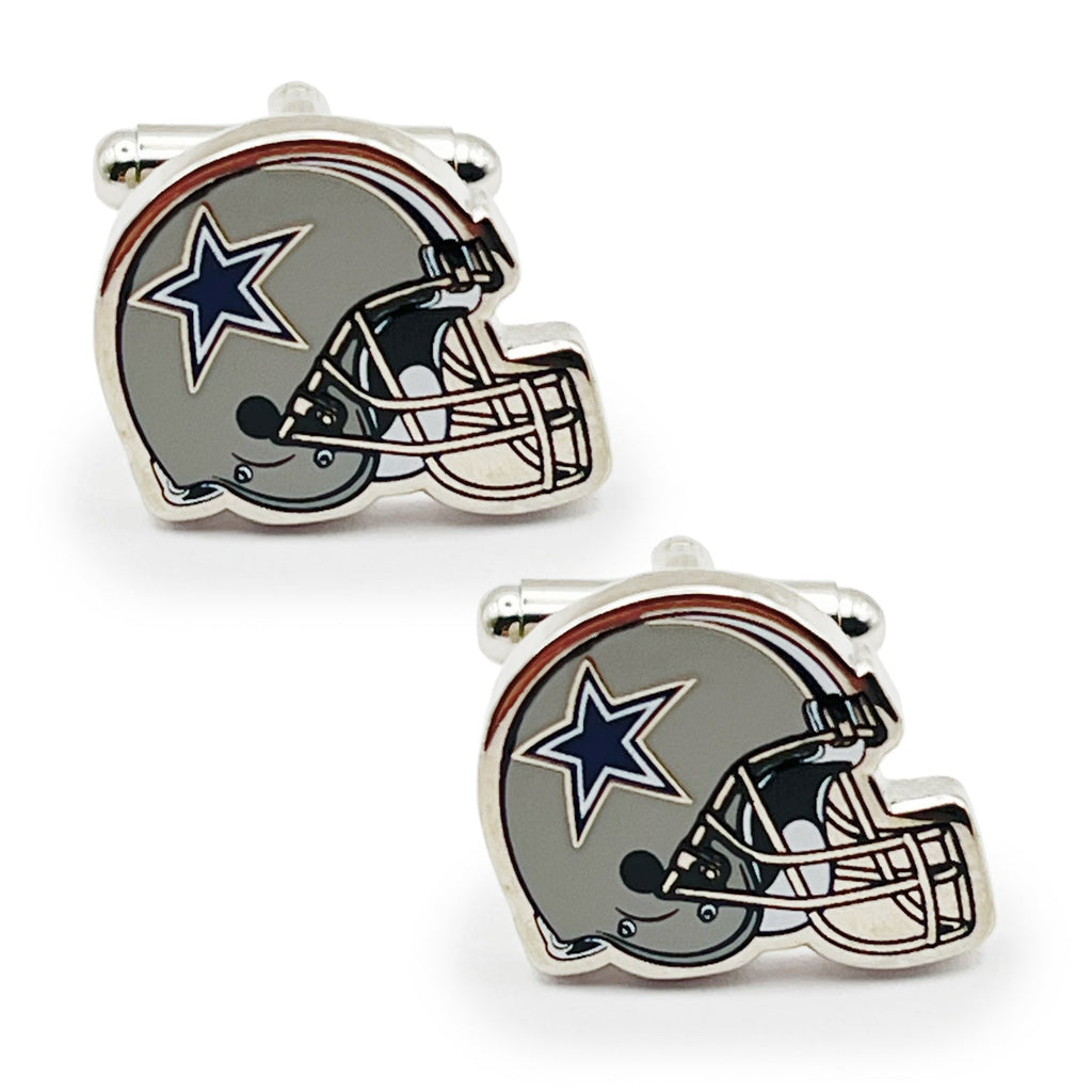 A pair of Dallas Cowboys vintage-style football helmet cufflinks with navy and silver enamel details