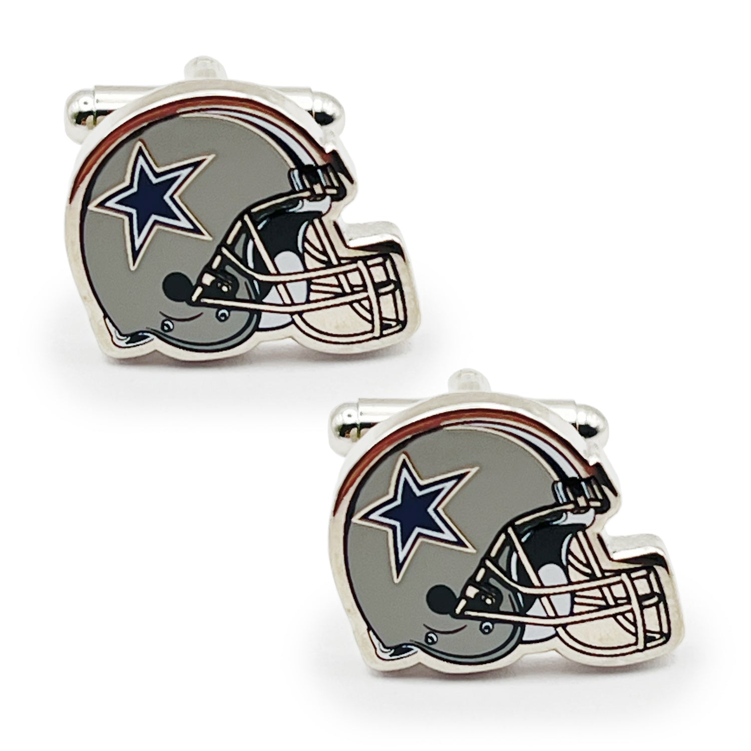 A pair of Dallas Cowboys vintage-style football helmet cufflinks with navy and silver enamel details