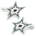 A pair of silver-tone metal cufflinks featuring the official green, black, and white Dallas Stars NHL logo.