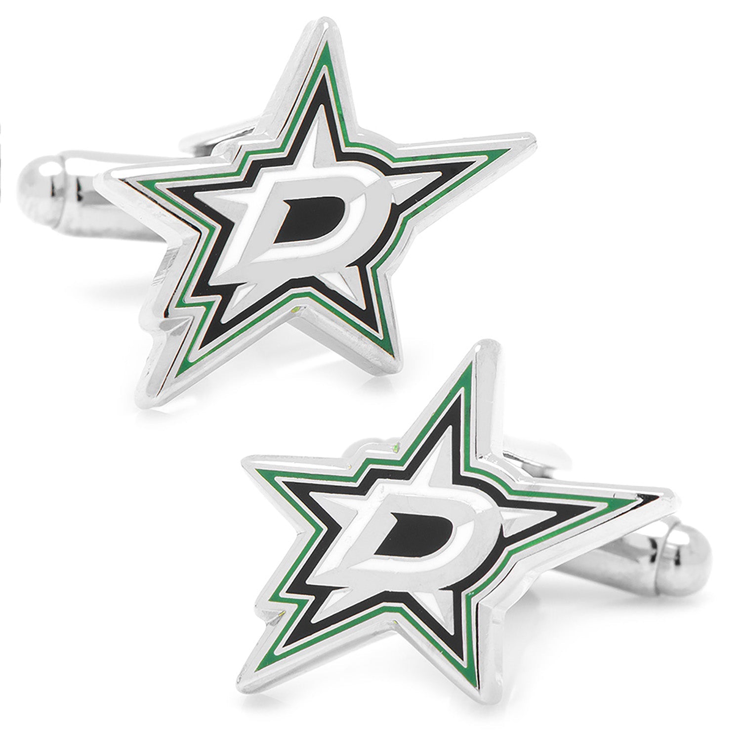 A pair of silver-tone metal cufflinks featuring the official green, black, and white Dallas Stars NHL logo.