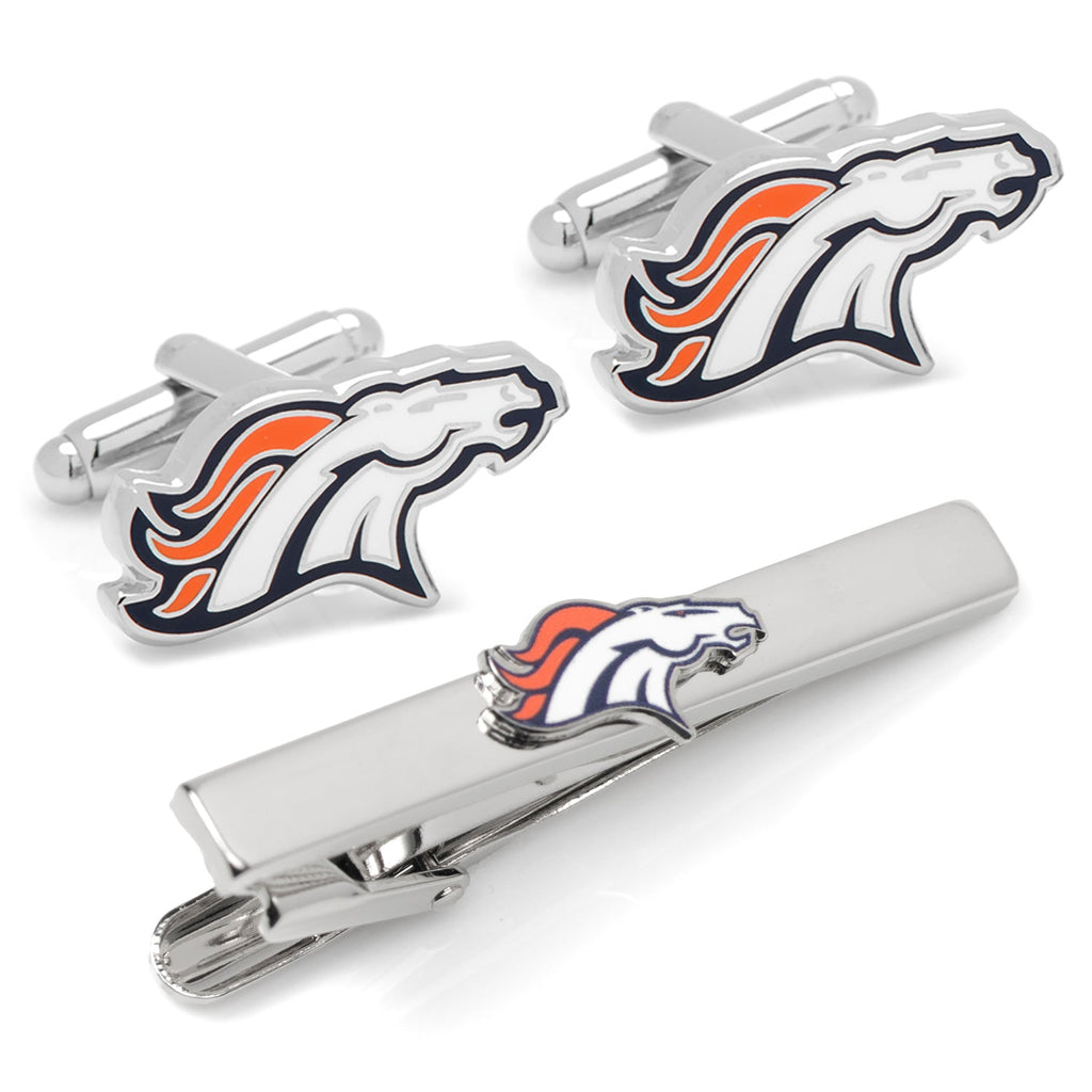 Denver Broncos team logo cufflinks and matching metal tie bar gift set