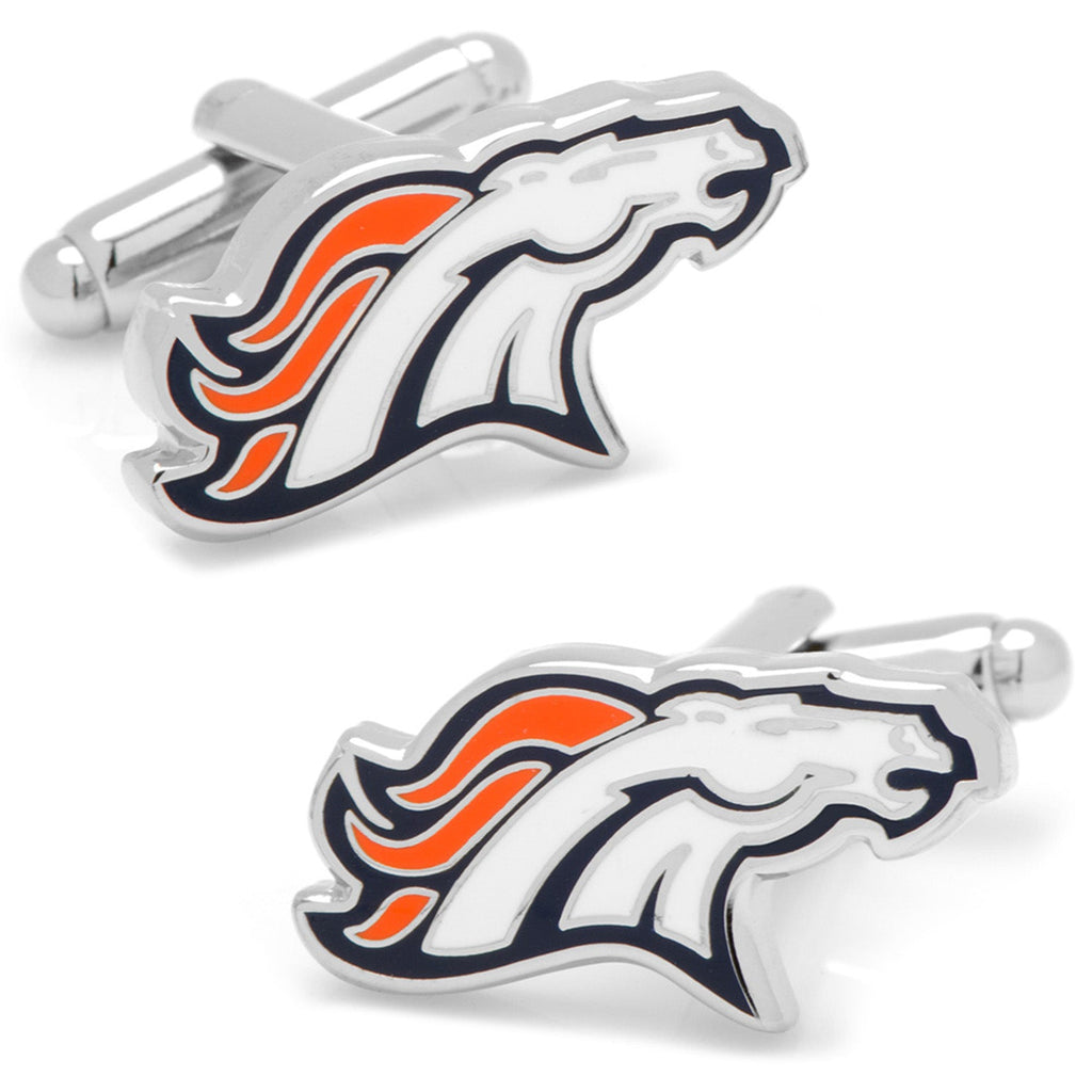 A pair of Denver Broncos NFL logo cufflinks featuring orange, white, and navy enamel on a silver tone metal finish.