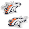 A pair of Denver Broncos NFL logo cufflinks featuring orange, white, and navy enamel on a silver tone metal finish.