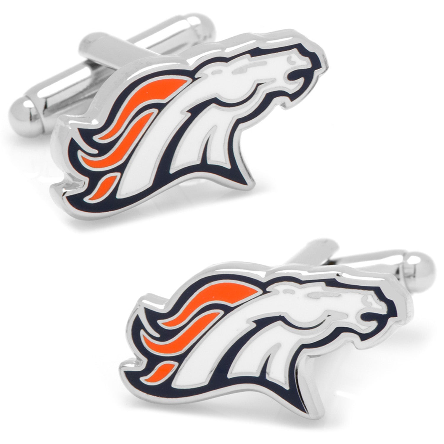 A pair of Denver Broncos NFL logo cufflinks featuring orange, white, and navy enamel on a silver tone metal finish.