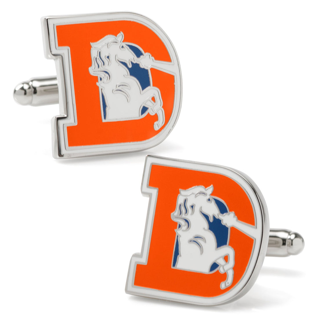 A pair of silver tone cufflinks featuring the vintage Denver Broncos orange D logo with a white bronco and blue background.