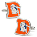 A pair of silver tone cufflinks featuring the vintage Denver Broncos orange D logo with a white bronco and blue background.