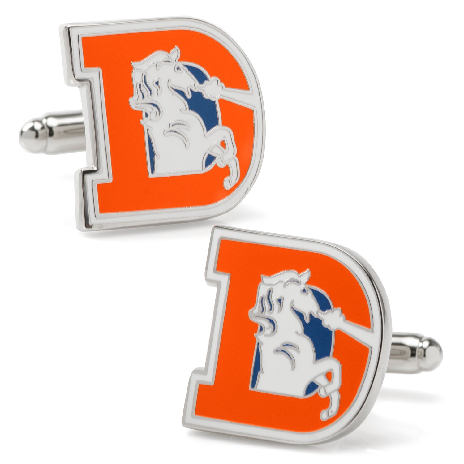 A pair of silver tone cufflinks featuring the vintage Denver Broncos orange D logo with a white bronco and blue background.